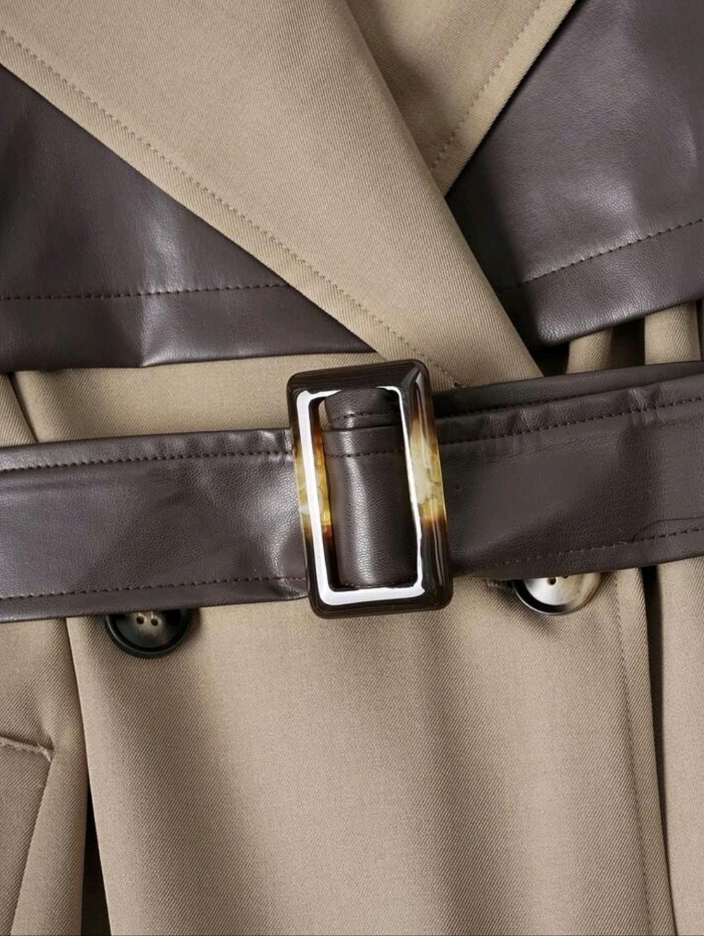 Women's Colorblock Double-Breasted Trench Coat With Contrast Pockets And Belt - Picture 4 of 6